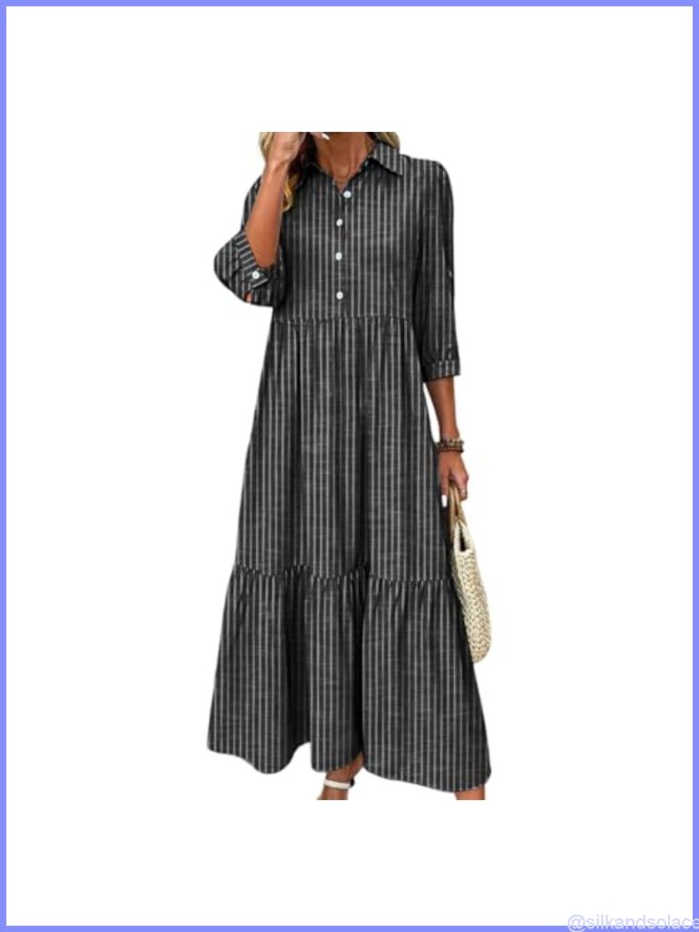 Striped 3/4 Sleeve Tiered Maxi Shirt Dress with Pockets